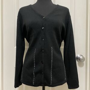 Lin Collection Wool Cardigan Button Up Beads Embellished V-Neck Black X-Large XL